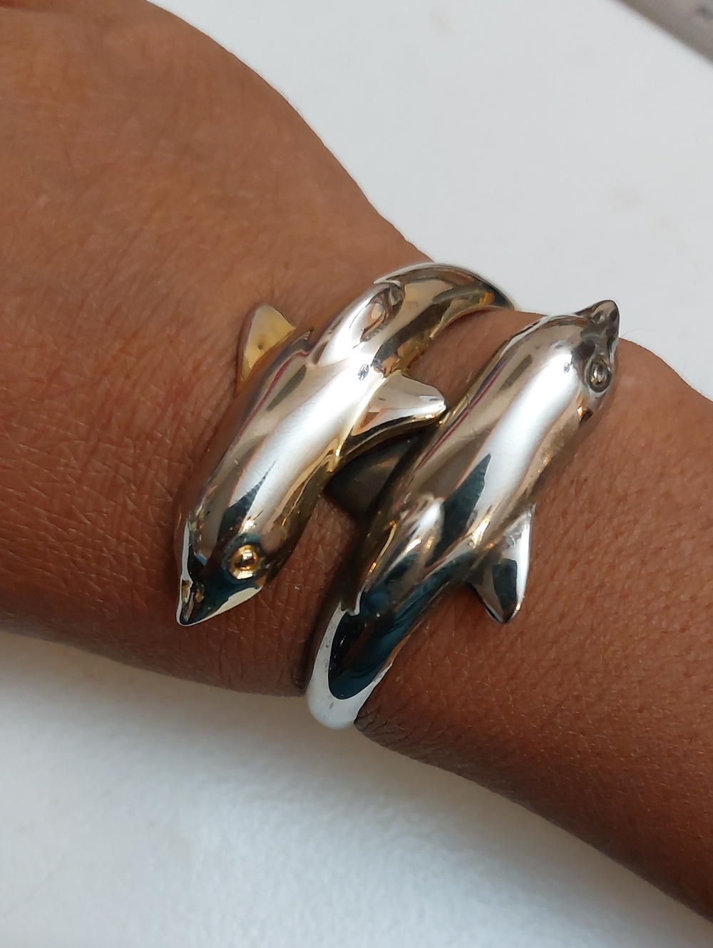 Vintage Two Tone Gold Silver Twin Dolphins Bypass Clamper Style Cuff Bracelet